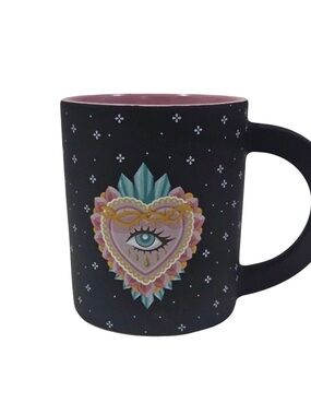 Mystic Heart Eye Pattern Black Ceramic Mug - Pink Interior
